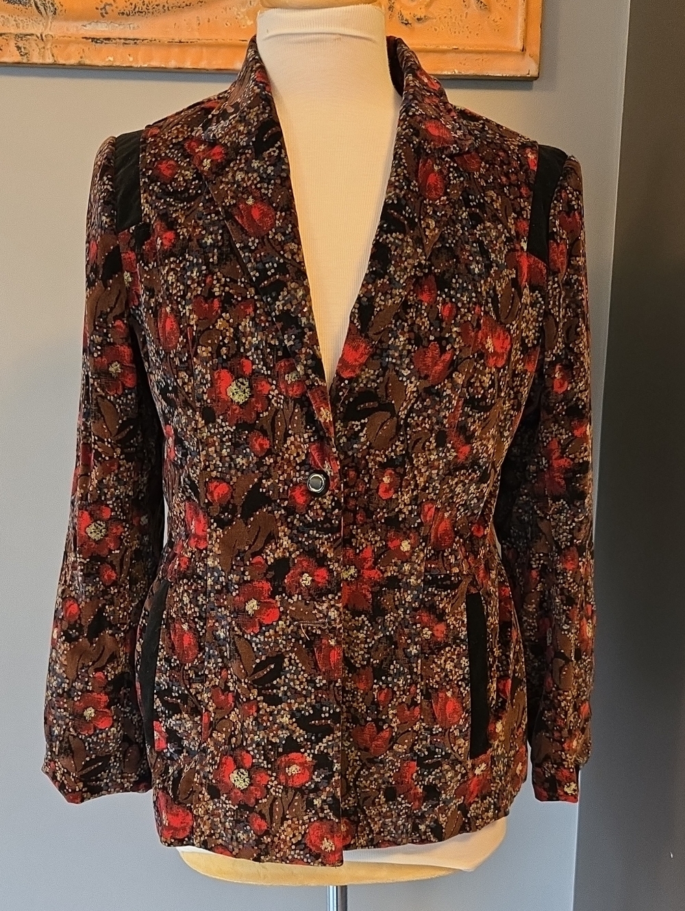 Vintage 70s Velvet Floral Tapestry Blazer Colorblock Size 13 Boho Retro
